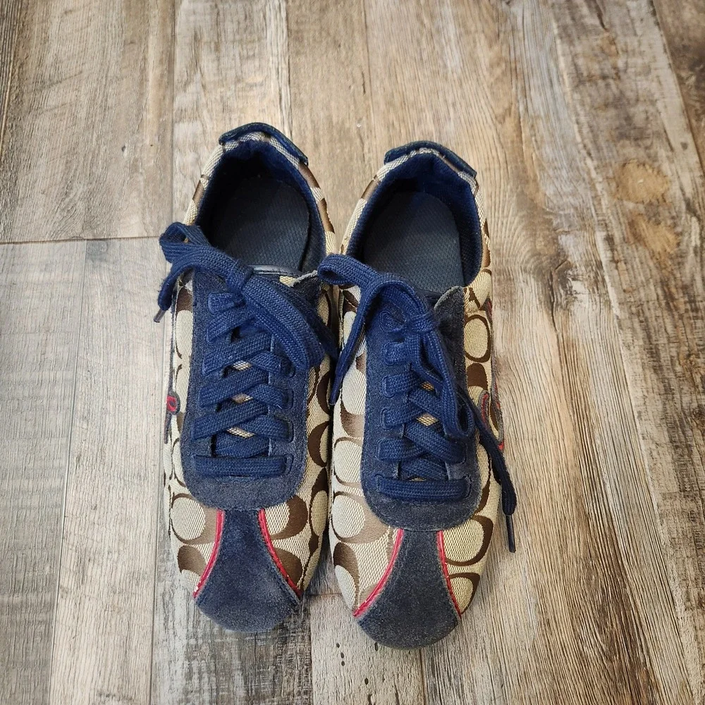Coach Devin Signature Monogram Navy Suede Tan Canvas Low Top‎ Sneakers 5.5 Logo